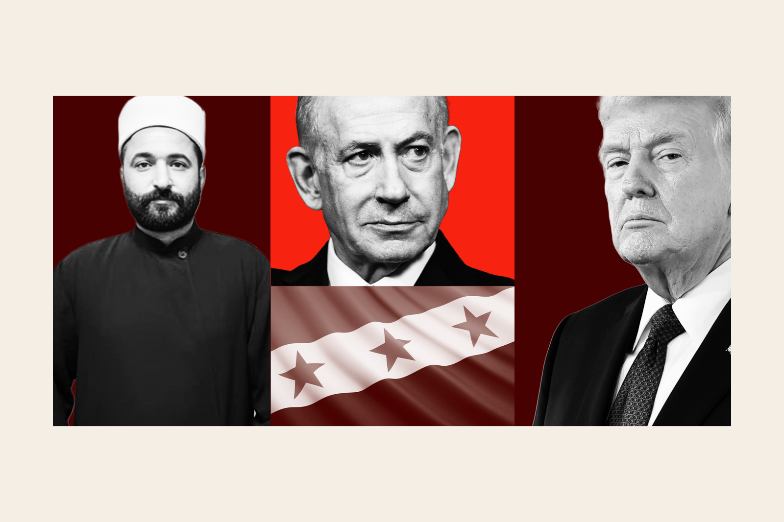 Sweida security chief Sheikh Suleiman Abdul Baqi, Israeli Prime Minister Benjamin Netanyahu and U.S. President Donald Trump are seen in this Newsweek illustration.
