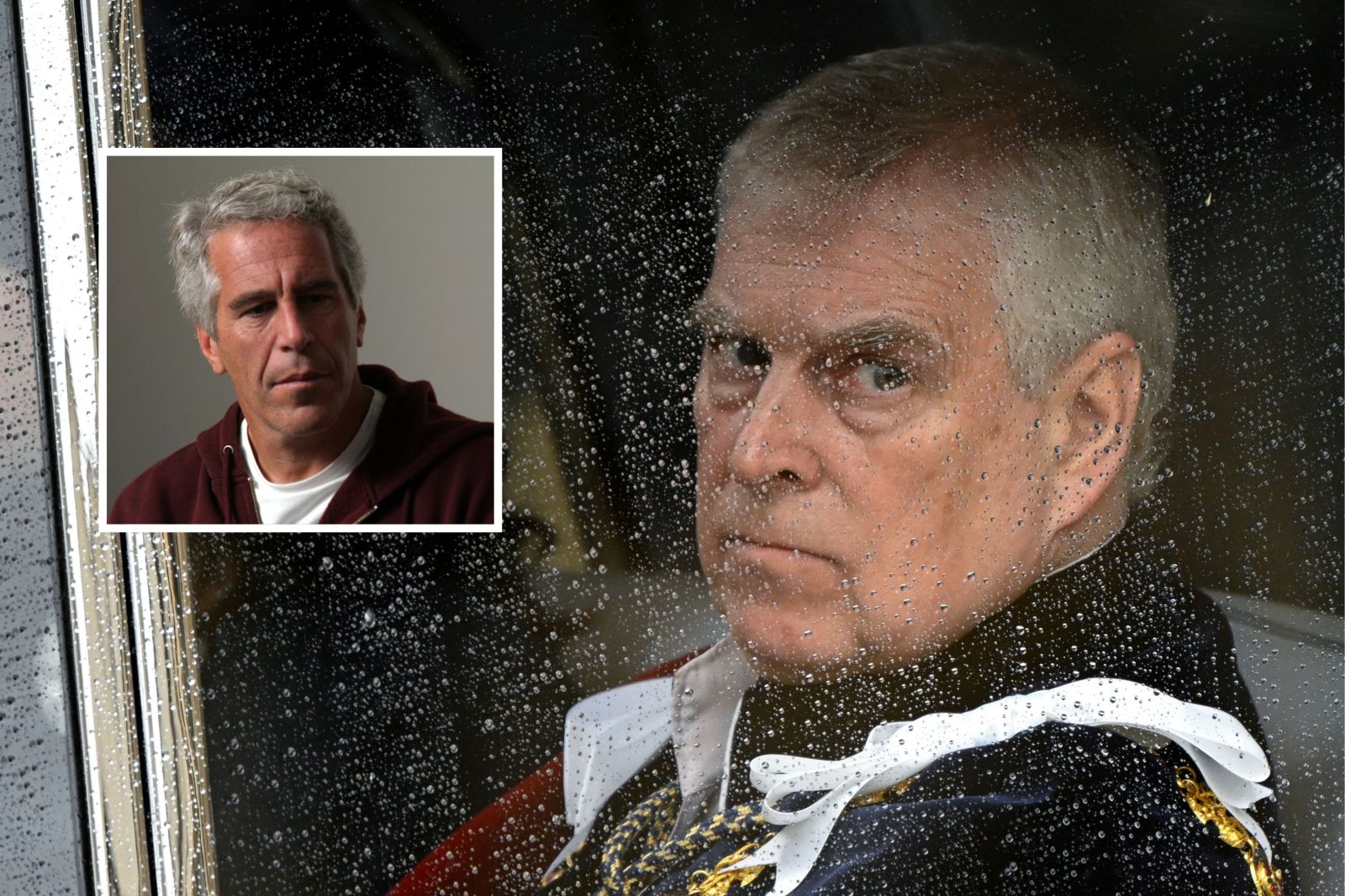 Prince Andrew leaves Westminster Abbey, in London, following the coronation ceremony of King Charles III on May 6, 2023. Inset, Jeffrey Epstein wears a Harvard University sweater in Cambridge, Massachusetts in 2004.
