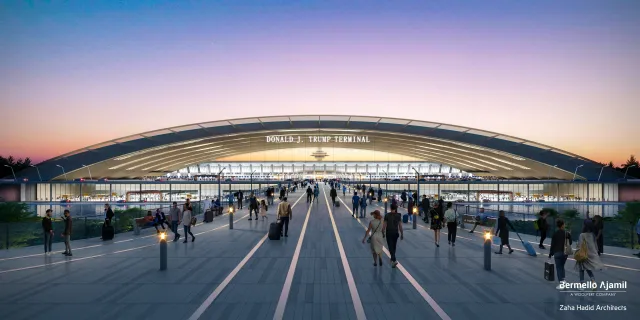 A rendering of a front view of the proposed "Donald J. Trump Terminal."