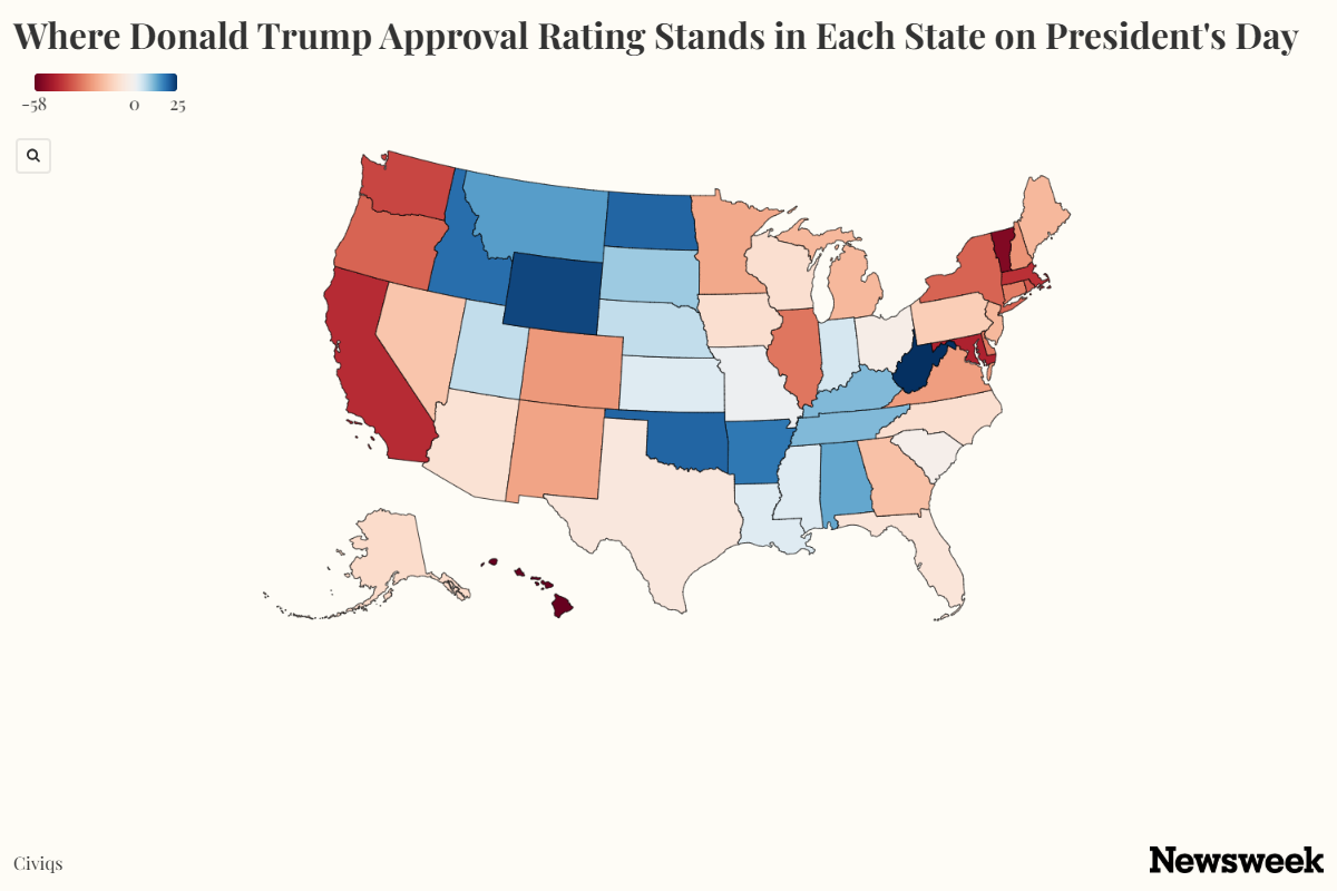 onde está o índice de aprovação de Donald Trump em cada estado no Dia dos Presidentes