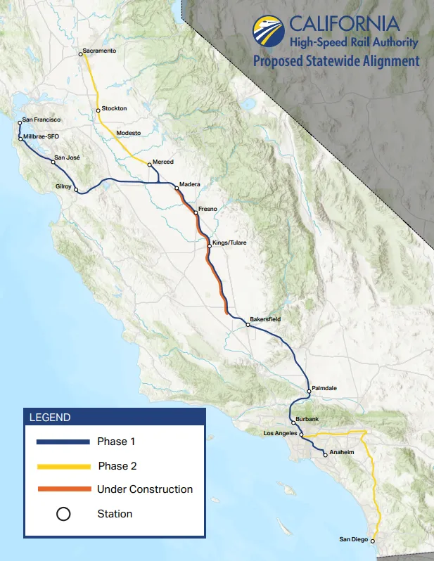 A map depicting the California High-Speed Rail corridor