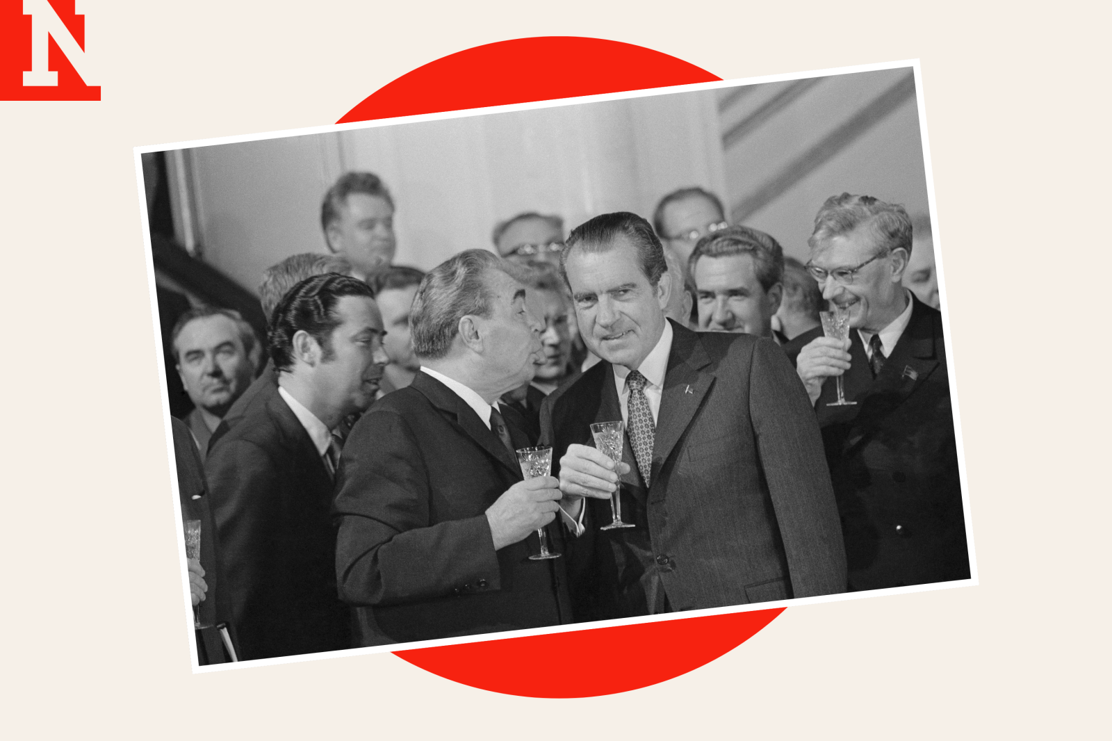 Leonid Brezhnev offers a toast to President Richard Nixon following the signing of the Strategic Arms Limitation Pact on May 26, 1972, between the U. S. and the U.S.S.R.