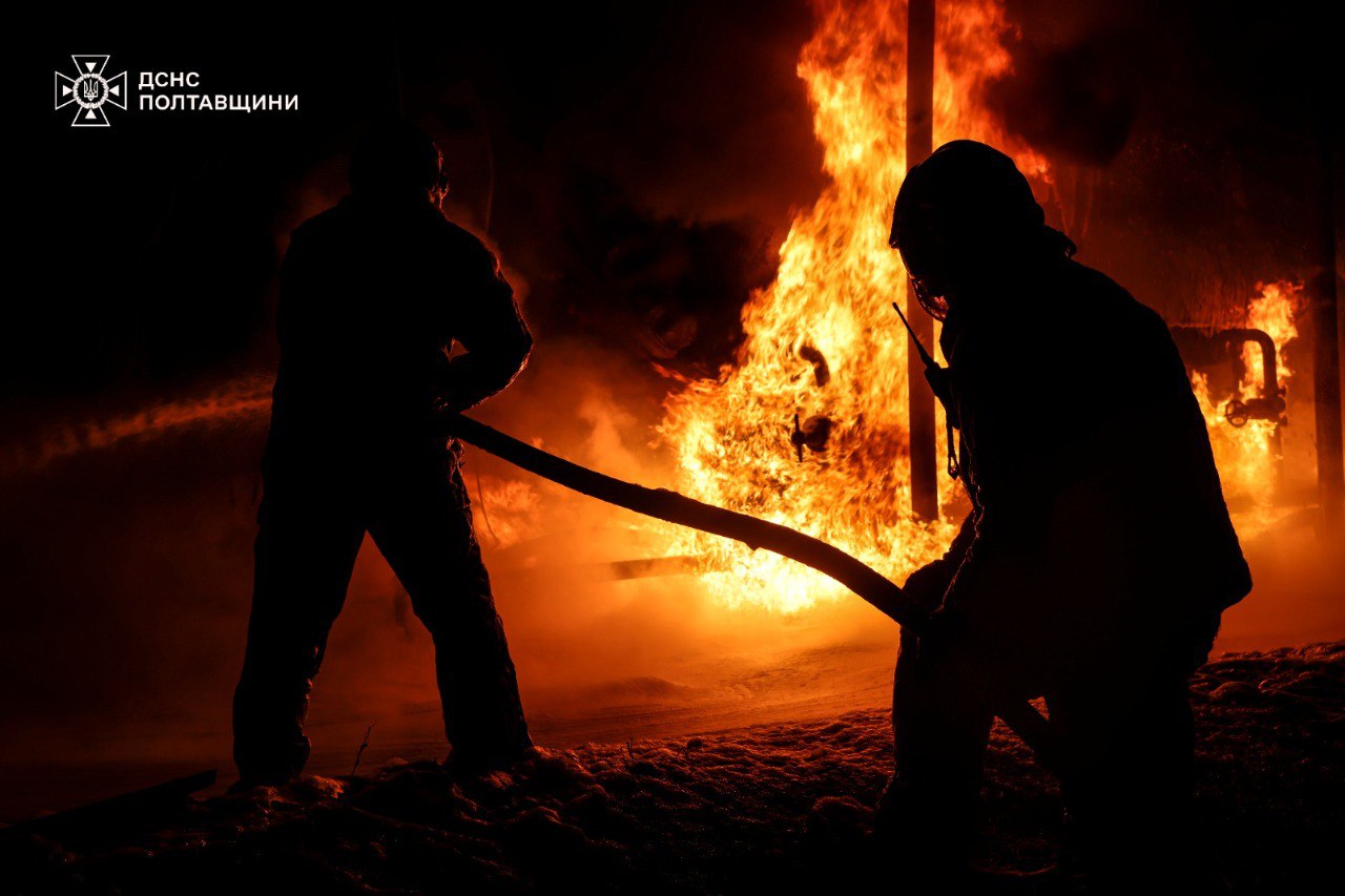 Ukrainian emergency services tackle a fire after Russian strikes on the Poltava region on February 26, 2026.