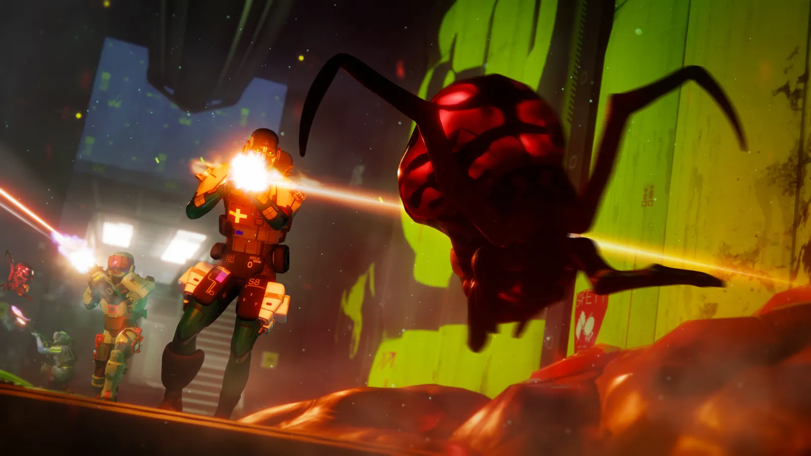 Runners fire weapons at a creature with multiple limbs inside a neon green industrial corridor.