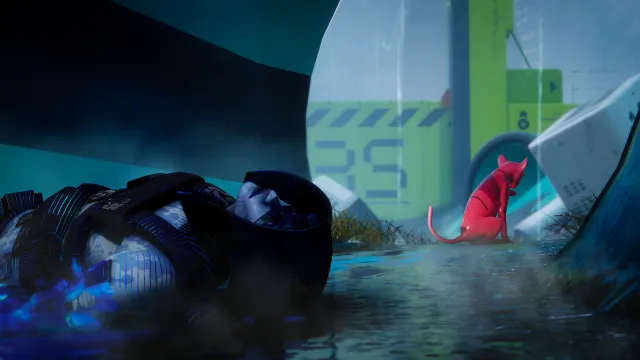 A character lies on wet ground near a large structure while a small bright-colored creature stands nearby.