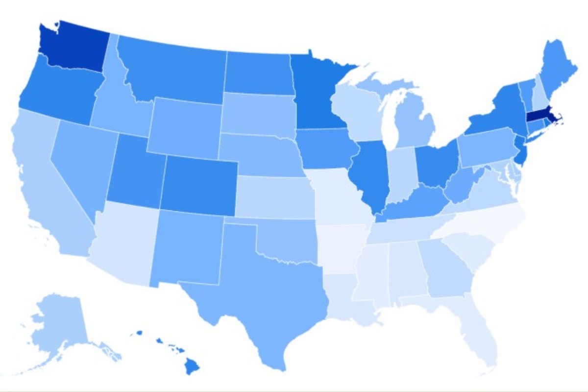 Mapa mostrando os estados com os melhores e piores benefícios de desemprego.