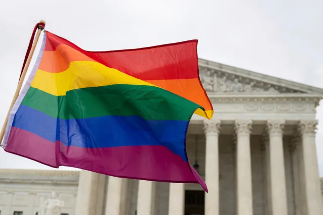 A Pride flag in front of the U.S. Supreme Court on October 8, 2019, in Washington, D.C.