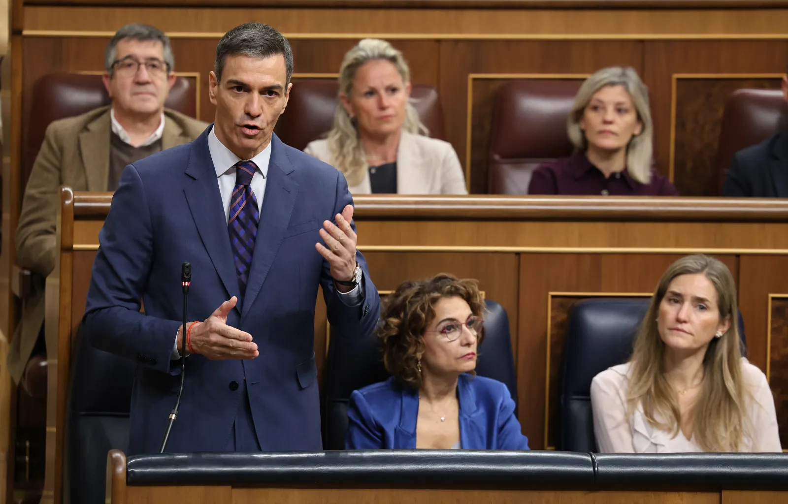 The President of the Government, Pedro Sánchez, speaks during a government control session at the Congress of Deputies on March 18 in Madrid. (AP Images)
