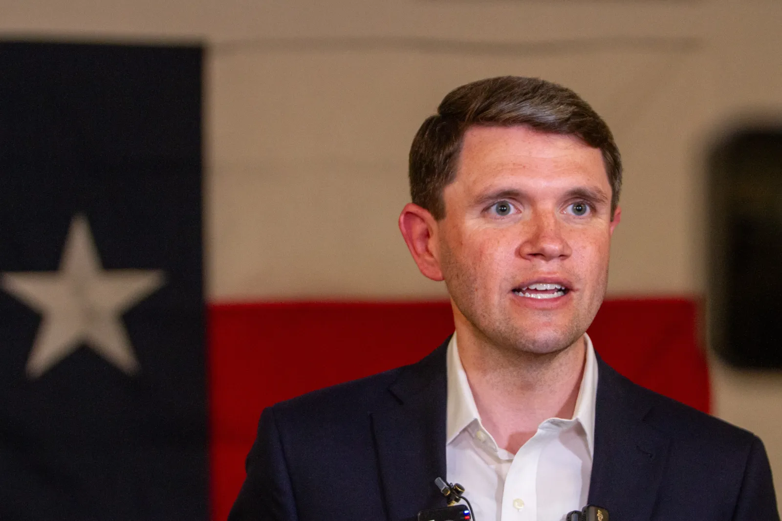 Democratic Texas State Rep. James Talarico speaks to members of the media at the Fire Fighters Hall February 21, 2026 in El Paso, Texas.