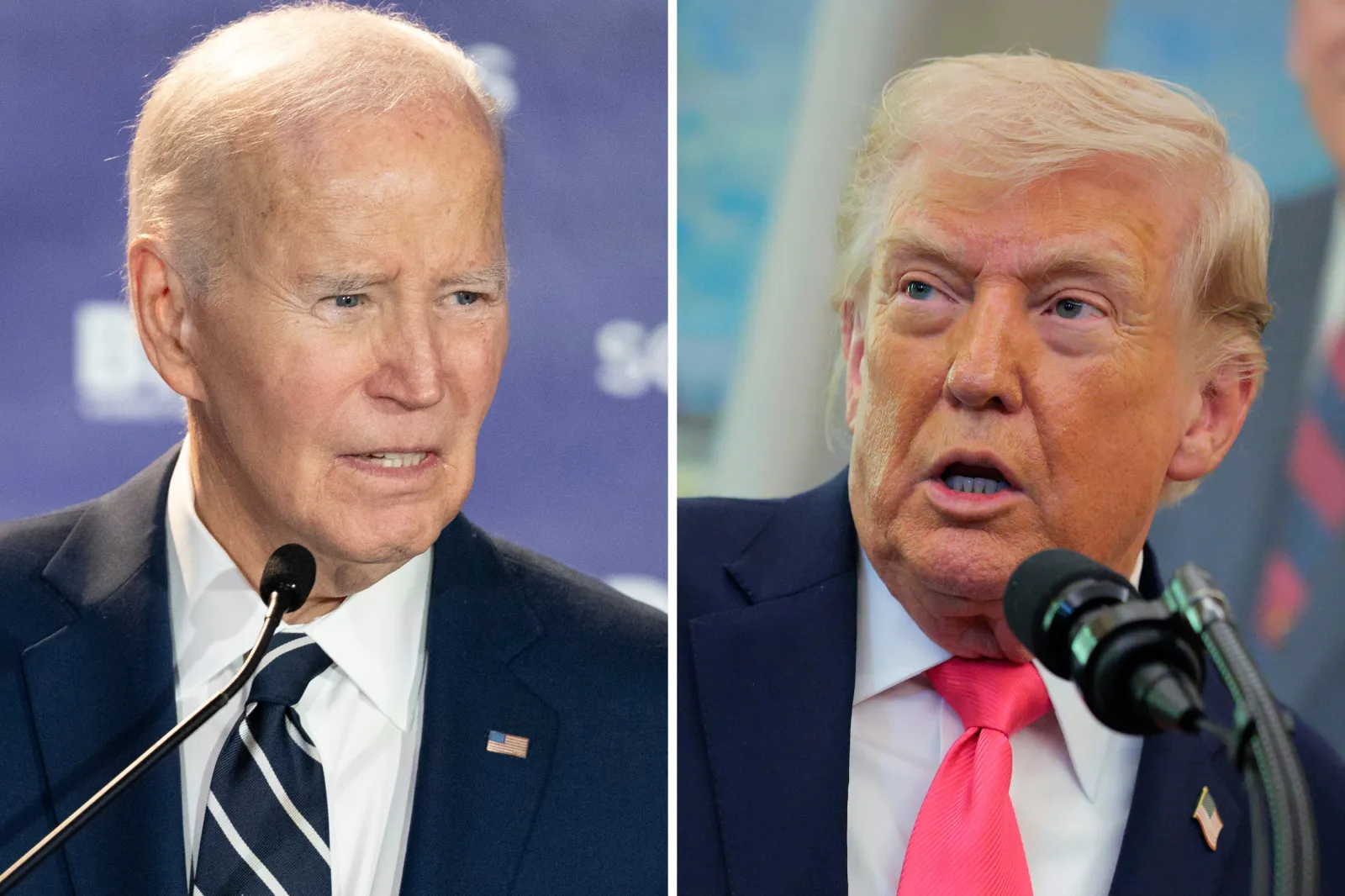 Joe Biden speaks to a crowd during a fundraising event with the South Carolina Democratic Party at the Columbia Museum of Art on February 27, 2026 in Columbia, South Carolina and Donald Trump speaks during a ceremony for newly sworn in U.S. Secretary of the Department of Homeland Security Markwayne Mullin in the Oval Office at the White House on March 24, 2026 in Washington, DC.