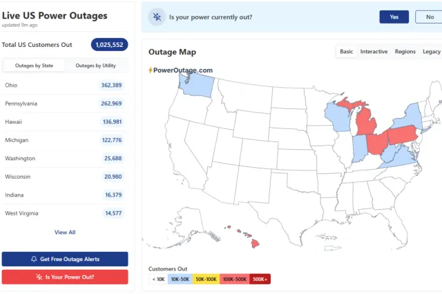 A map on poweroutage.us showing all the impacted regions