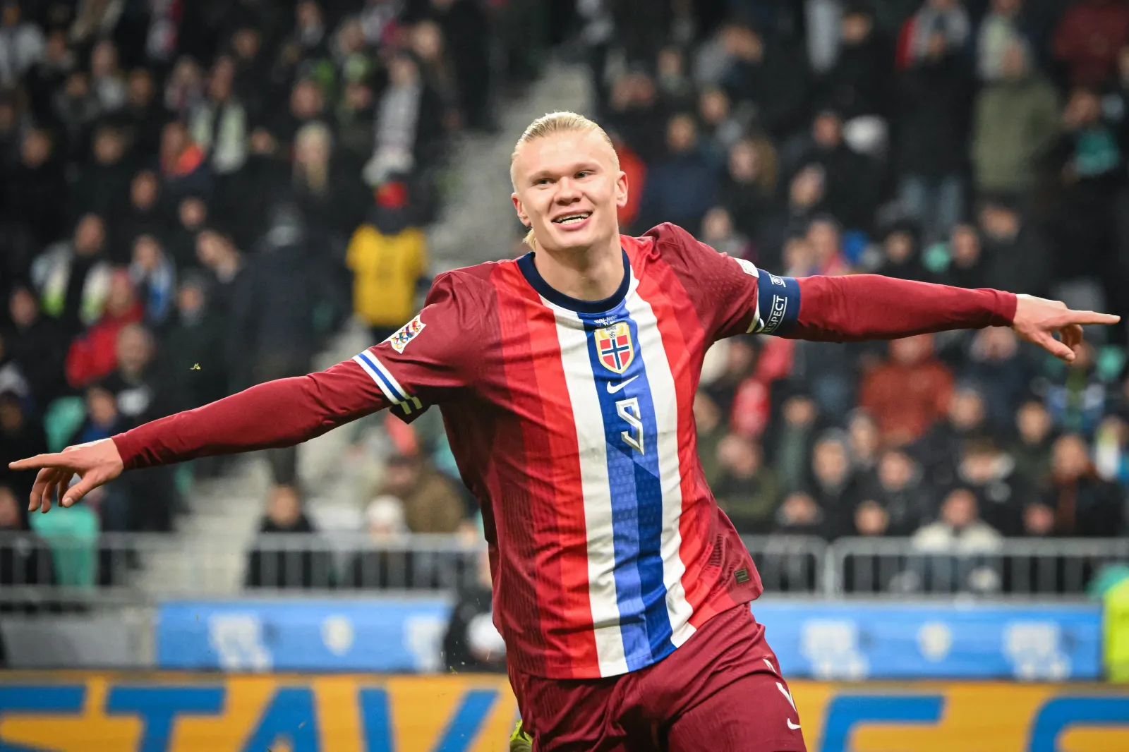 TOPSHOT - Norway's forward #09 Erling Braut Haaland celebrates after scoring a goal during the UEFA Nations League, League B, Group 3 football match between Slovenia and Norway, at the Stozice Stadium in Ljubljana, on November 14, 2024. (Photo by Jure Makovec / AFP) (Photo by JURE MAKOVEC/AFP via Getty Images)