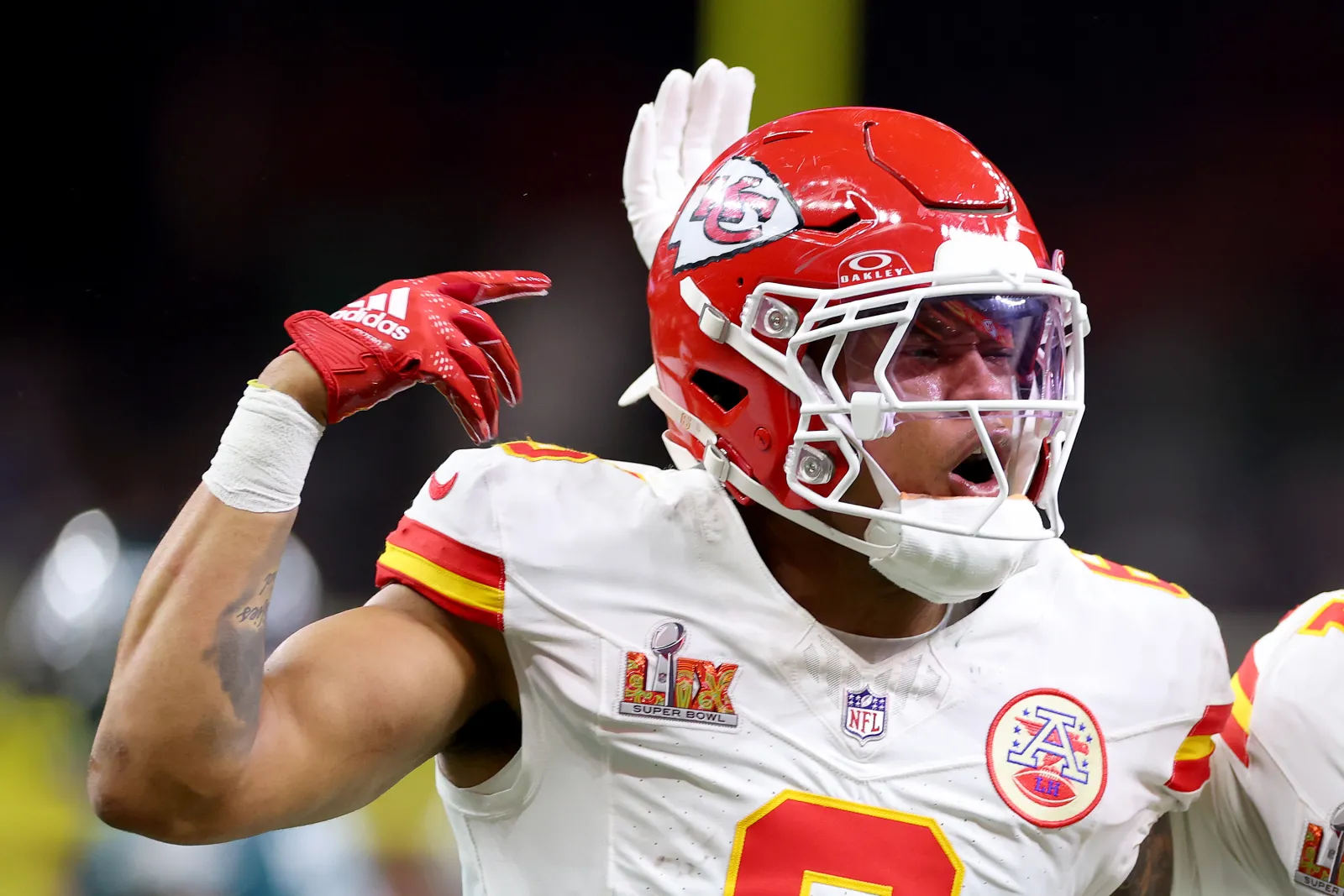 Bryan Cook #6 of the Kansas City Chiefs celebrates after making an interception in the second quarter against the Philadelphia Eagles during Super Bowl LIX at Caesars Superdome on February 09, 2025 in New Orleans, Louisiana.