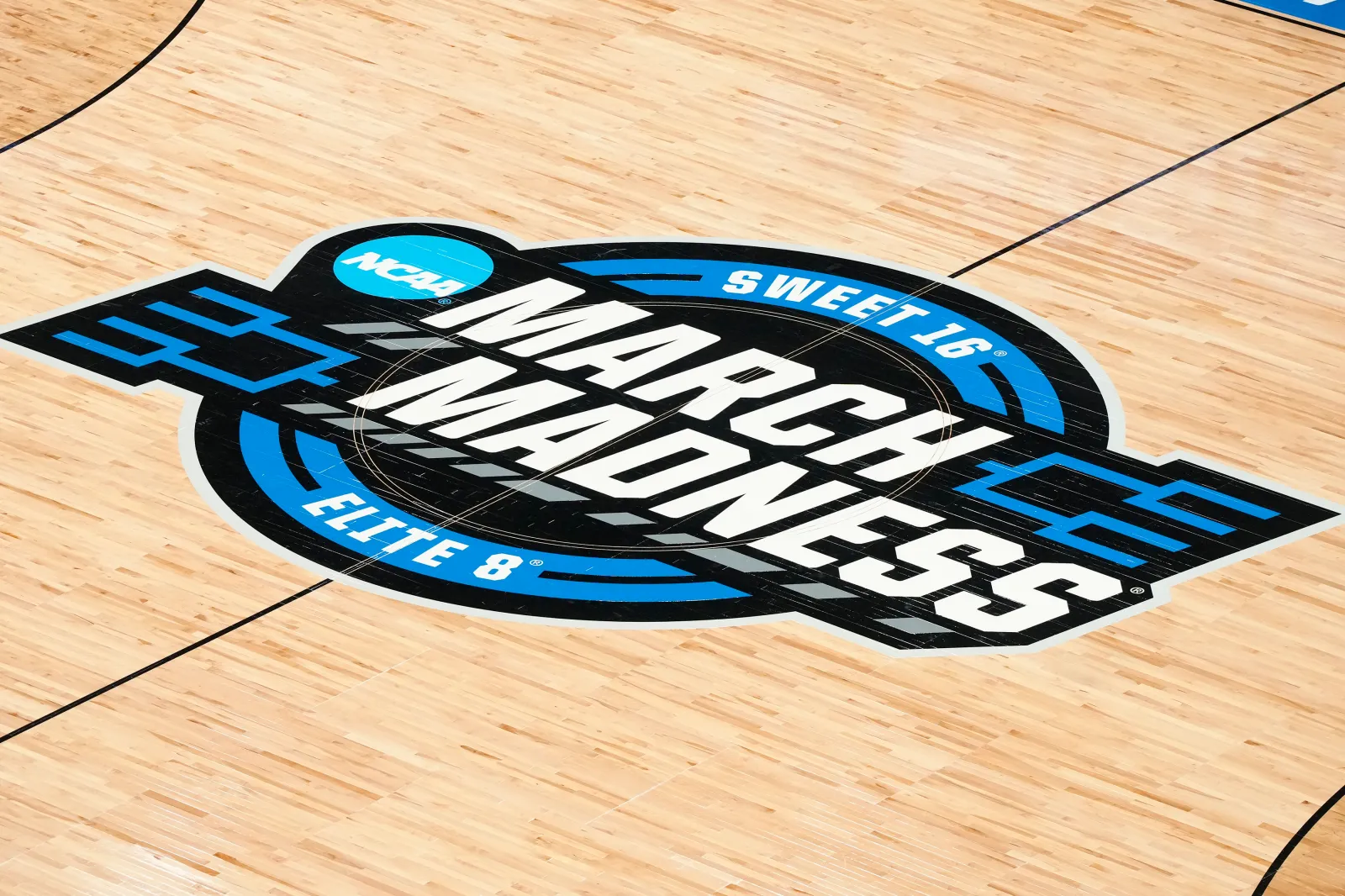 Sweet 16/ Elite 8 March Madness logo shown on the floor before the NCAA Men's Basketball Tournament Elite 8 game between the Texas Tech Red Raiders and the Florida Gators at the Chase Center on March 29, 2025 in San Francisco, California.