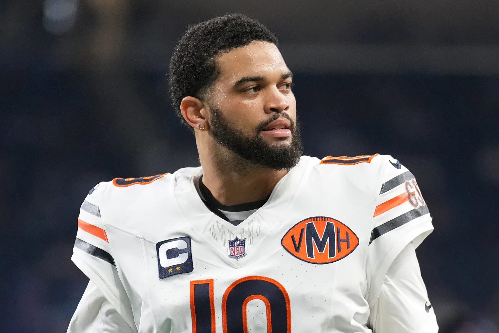 Caleb Williams #18 of the Chicago Bears warms up prior to the game against the Detroit Lions at Ford Field on September 14, 2025 in Detroit, Michigan. (Photo by Nic Antaya/Getty Images)