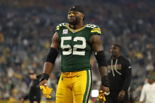 Rashan Gary #52 of the Green Bay Packers looks on after the game against the Cincinnati Bengals at Lambeau Field on October 12, 2025 in Green Bay, Wisconsin.