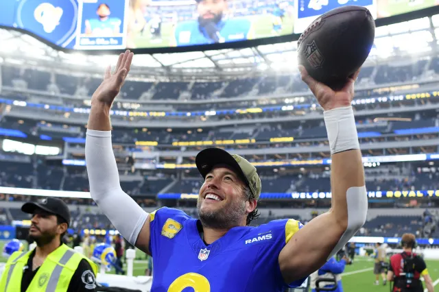 Matthew Stafford #9 of the Los Angeles Rams celebrates after defeating the New Orleans Saints in the game at SoFi Stadium on November 02, 2025 in Inglewood, California.