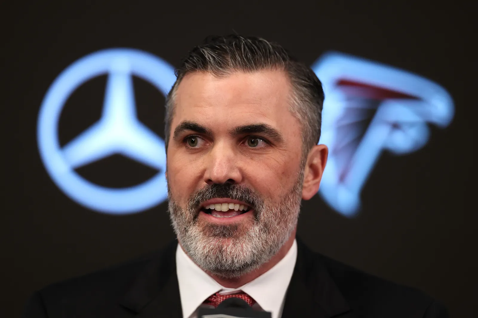 Kevin Stefanski speaks to the media after being introduced as the head coach of the Atlanta Falcons