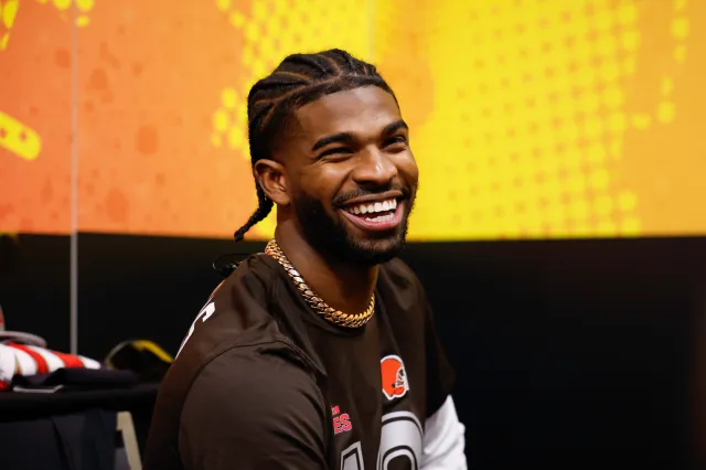 Shedeur Sanders #12 of the Cleveland Browns smiles before the 2026 NFL Pro Bowl game between the AFC and the NFC at the Moscone Center South on February 03, 2026 in San Francisco, California. The NFC won 66-52.