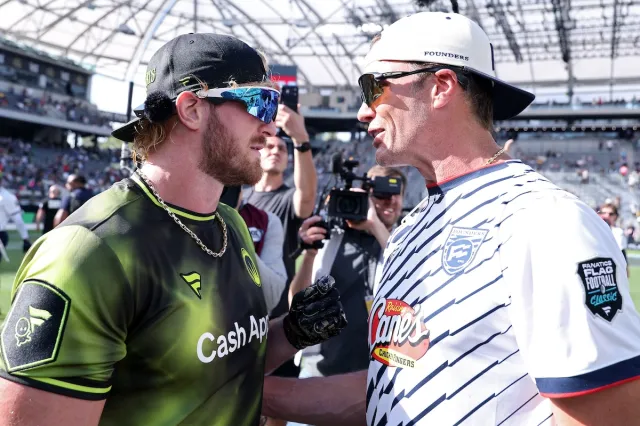 Logan Paul and Tom Brady have an on-field exchange at Fanatics Flag Football Classic