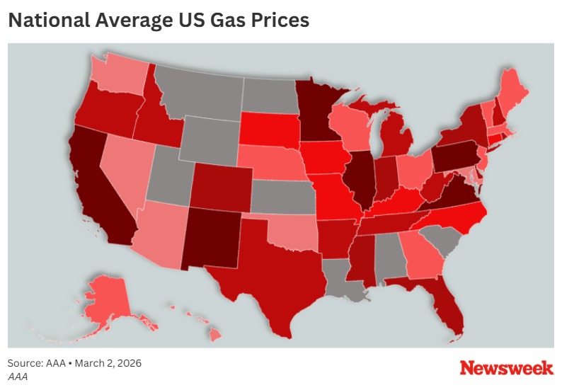 Map Shows Where Gas Prices Are Highest Across US Amid Iran Conflict