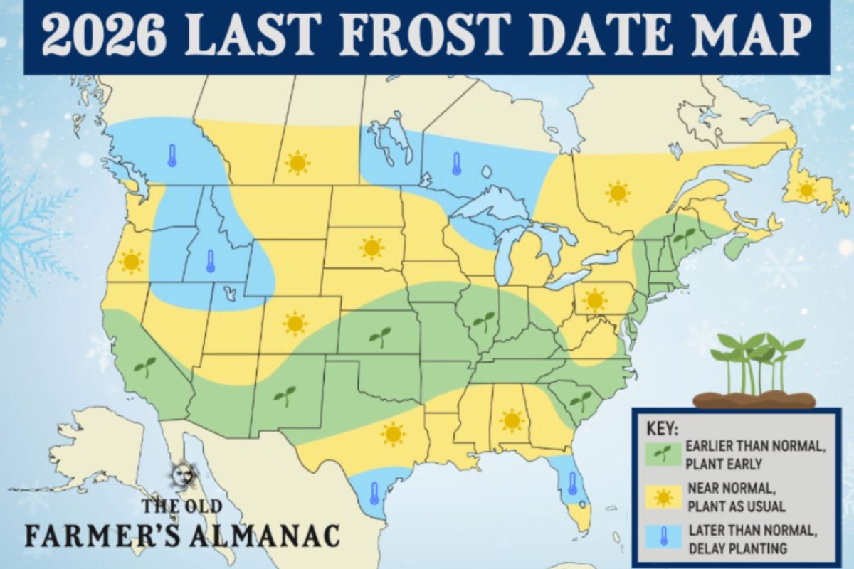Updated Old Farmer's Almanac map shows last frost date for each state