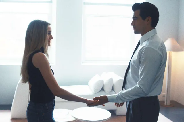 A man and a woman holding hands in a sunlit room