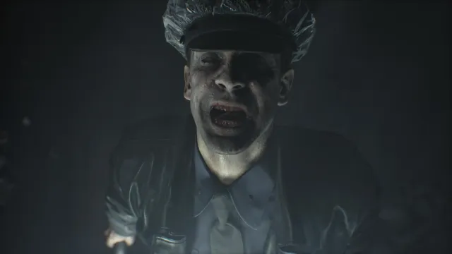 A cop with grey skin howling in anguish