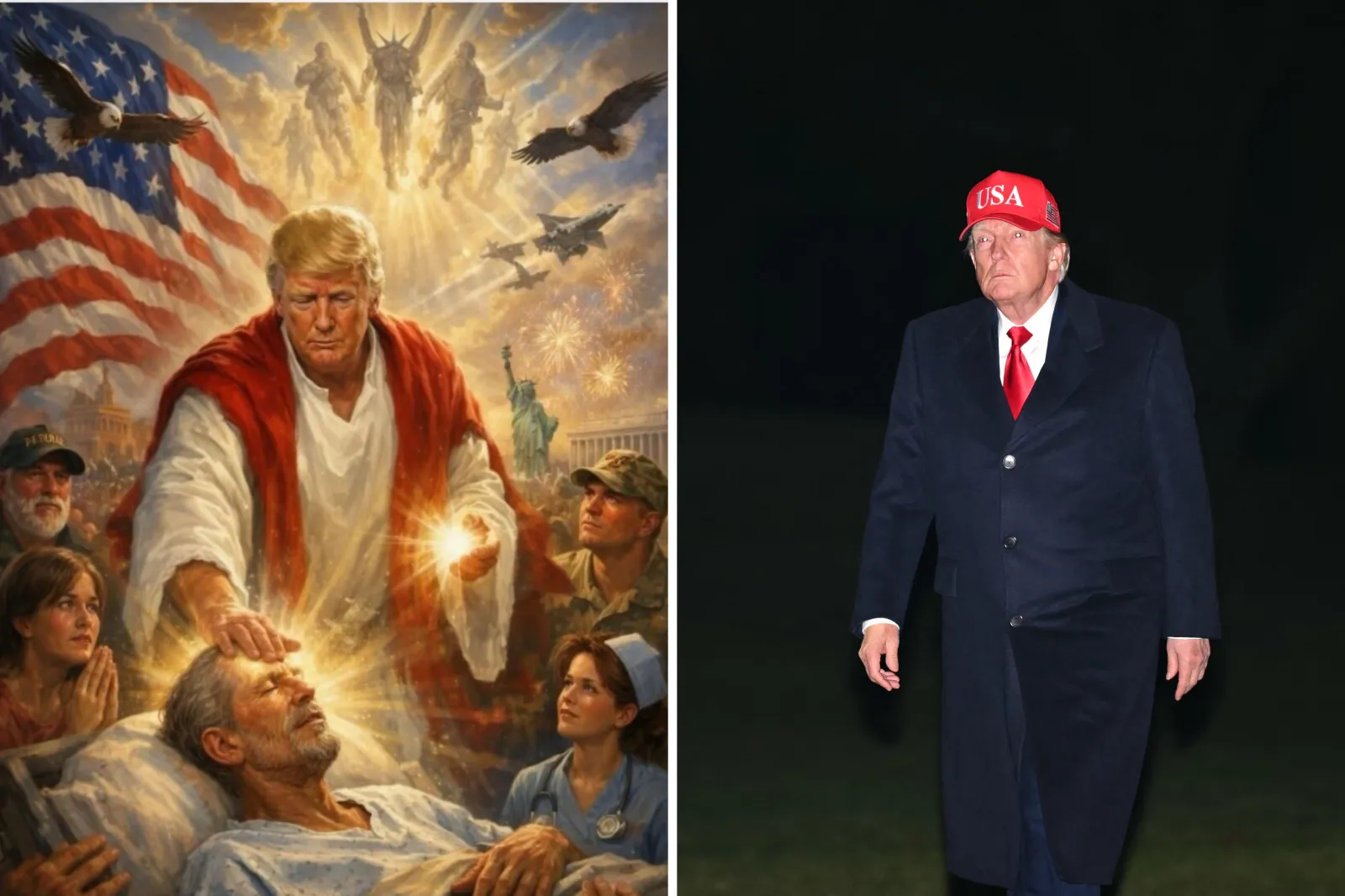 Trump posted a picture (left) appearing to depict him as Jesus on Truth Social. On Sunday, he returned to the White House (right) after attending a UFC event in Miami