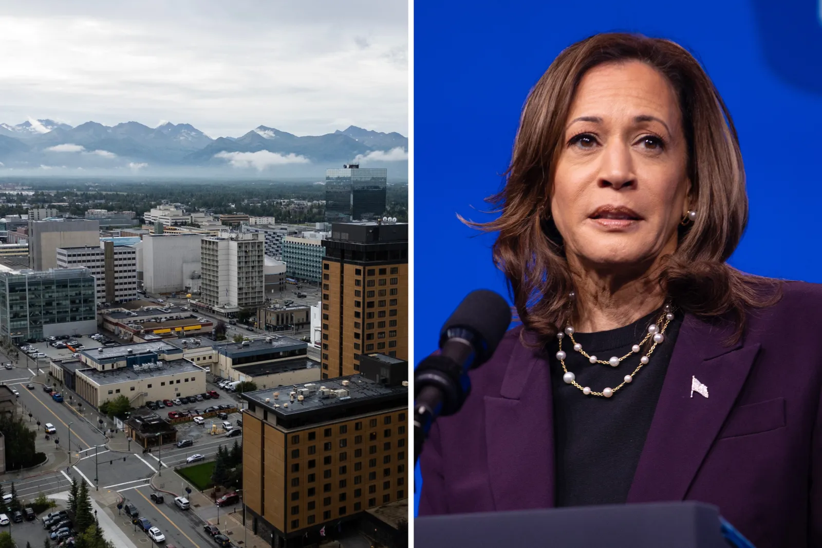 An aerial view of downtown Anchorage, Alaska, with the Chugach Mountains in the background, on August 14, 2025 and Kamala Harris speaks at the American Federation of Teachers' 88th National Convention on July 25, 2024 in Houston, Texas.