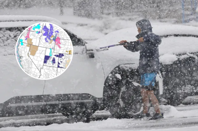 File image: A motorist, dressed in shorts, struggles to clear snow from a Hyundai Ioniq sports utility vehicle as snow falls, Friday, March 6, 2026, in Denver and (inset) an NWS map showing the impacted areas.
