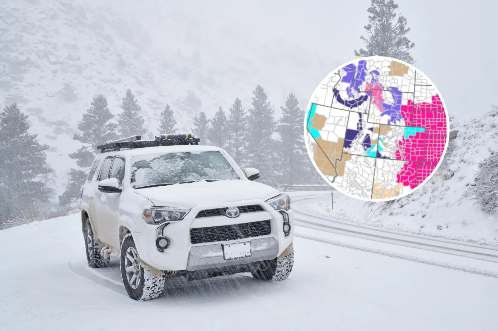 File image: Fort Collins, CO, USA - April 19, 2021: Toyota 4Runner SUV (2016 Trail model) in a heavy springtime snowstorm in the Poudre River Canyon in Colorado Rocky Mountains, (insert) an NWS map showing the impacted areas