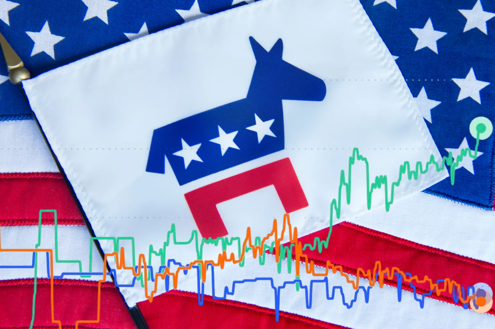 File image: Horizontal photo of a Democratic Party flag with a stylized donkey, three white stars on a blue section at the top of the donkey, and two red feet - undated