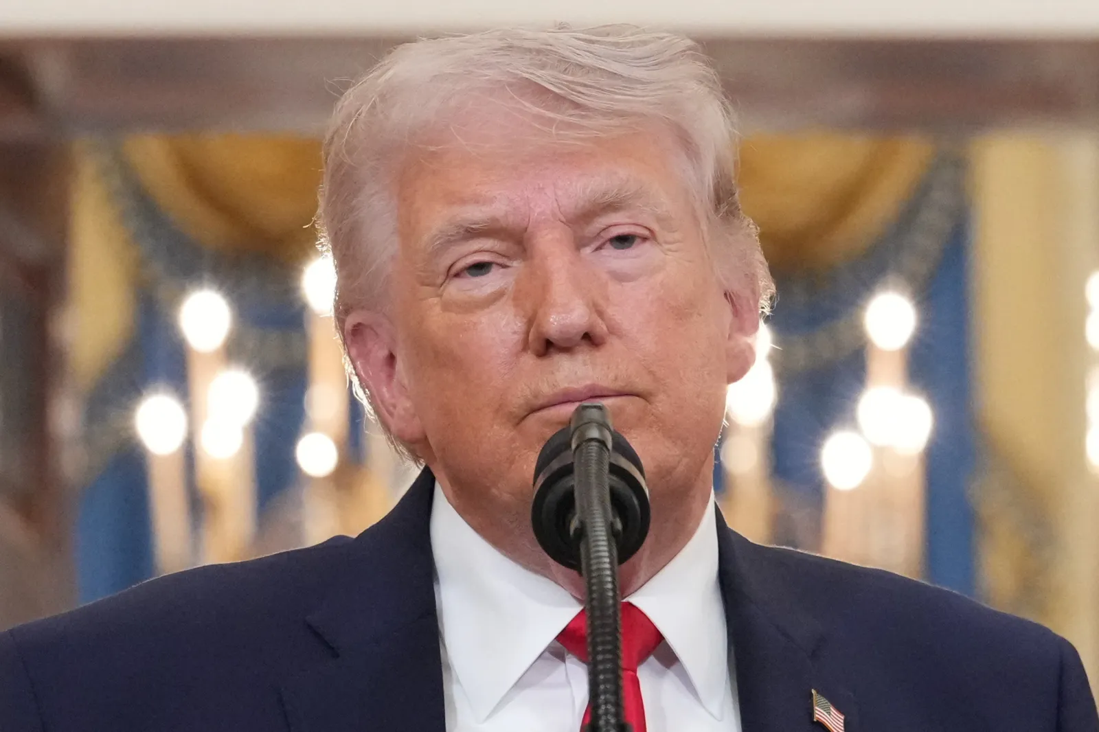President Donald Trump speaks from the Cross Hall of the White House on April 1, 2026 in Washington, DC.