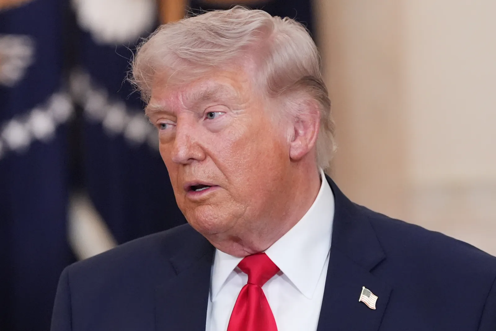 President Donald Trump acknowledges those in attendance after speaking from the Cross Hall of the White House on April 1, 2026 in Washington, DC.