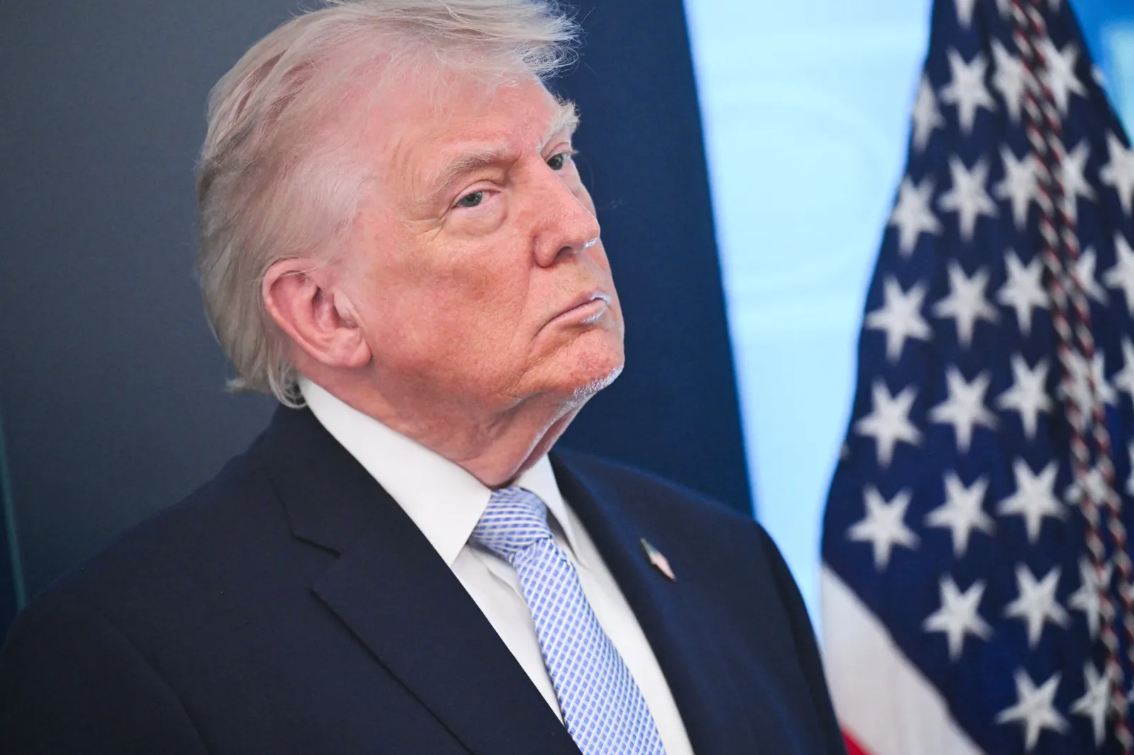 President Donald Trump looks on during a press conference about the conflict in Iran in the James S. Brady Press Briefing Room of the White House on April 6, 2026, in Washington, DC.