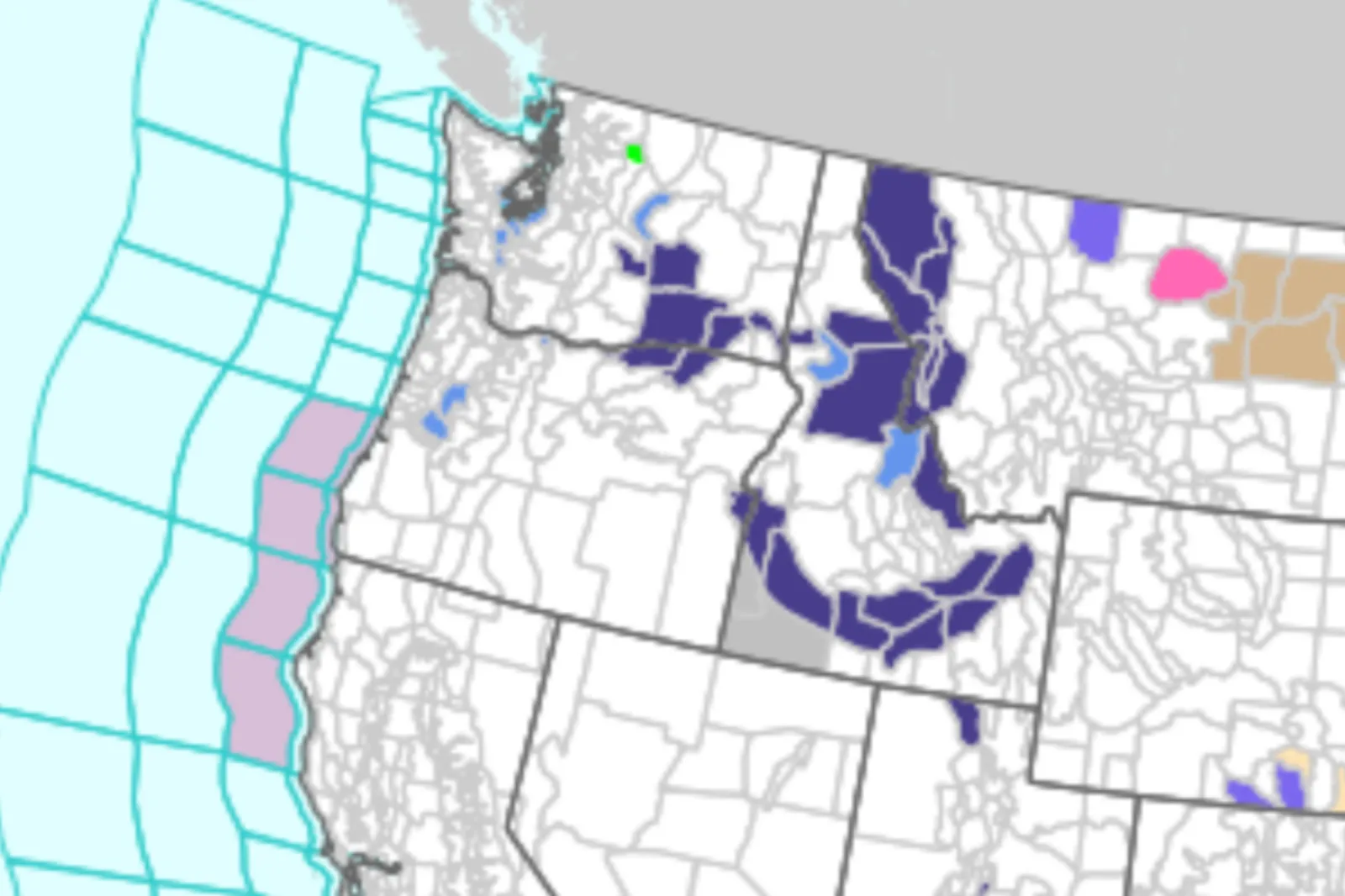 NWS map shows the impacted areas, with dark purple signifying a freeze warning, light purple signifying a winter weather advisory and pink representing a winter storm warning