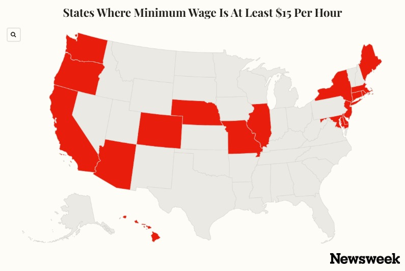 Map Shows US States Where Minimum Wage Is at Least $15 Per Hour