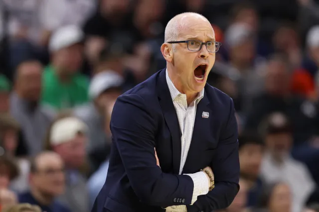 UConn Huskies head coach Dan Hurley reacts during the first half in the second round of the 2026 NCAA Men's Basketball Tournament at Xfinity Mobile Arena on March 22, 2026 in Philadelphia, Pennsylvania.