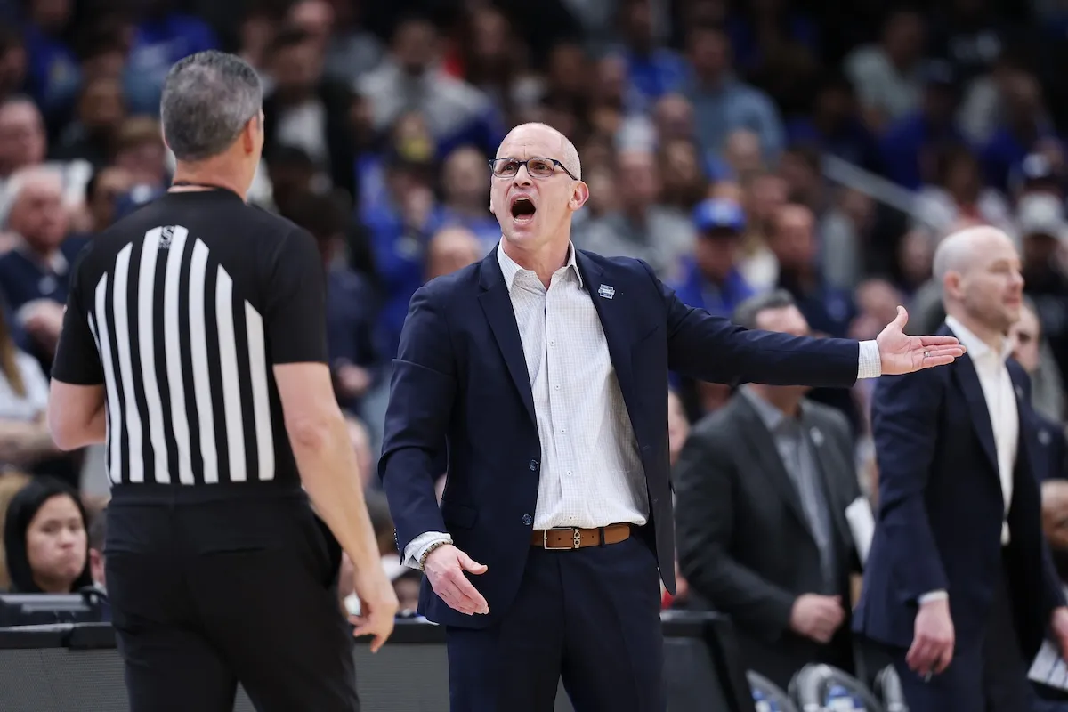 UConn head coach Dan Hurley argues with a referee during Duke game at NCAA Tournament