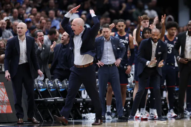 Head coach Dan Hurley of the UConn Huskies reacts during the second half of a game against the Duke Blue Devils in the Elite Eight of the 2026 NCAA Men's Basketball Tournament at Capital One Arena.