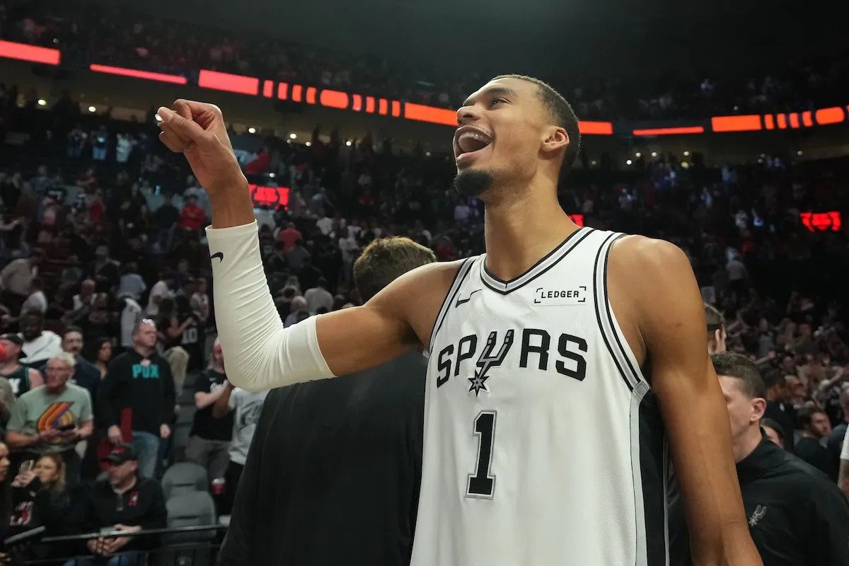 San Antonio Spurs star Victor Wembanyama celebrates after defeating Portland Trail Blazers in Game 4