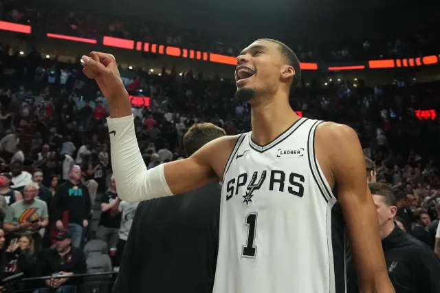 San Antonio Spurs star Victor Wembanyama celebrates after defeating Portland Trail Blazers in Game 4