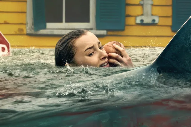 A woman holding a baby as sharks prowl in the water