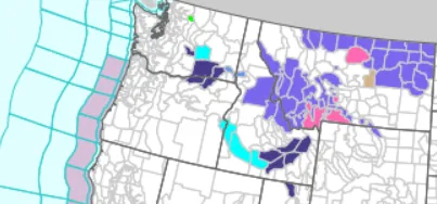 NWS winter storm (shown in pink) and winter advisory (shown in purple) map created 04/24/26 at 02:46 ET shows impacted areas
