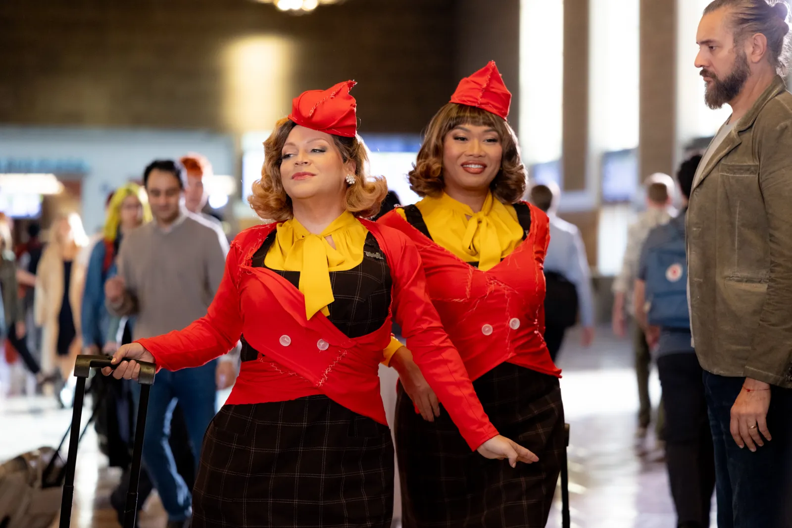 Ginger Minj (L) and Jujubee (R) in ‘Stop! That! Train!’ (Photo courtesy of World of Wonder/Bleecker Street.)