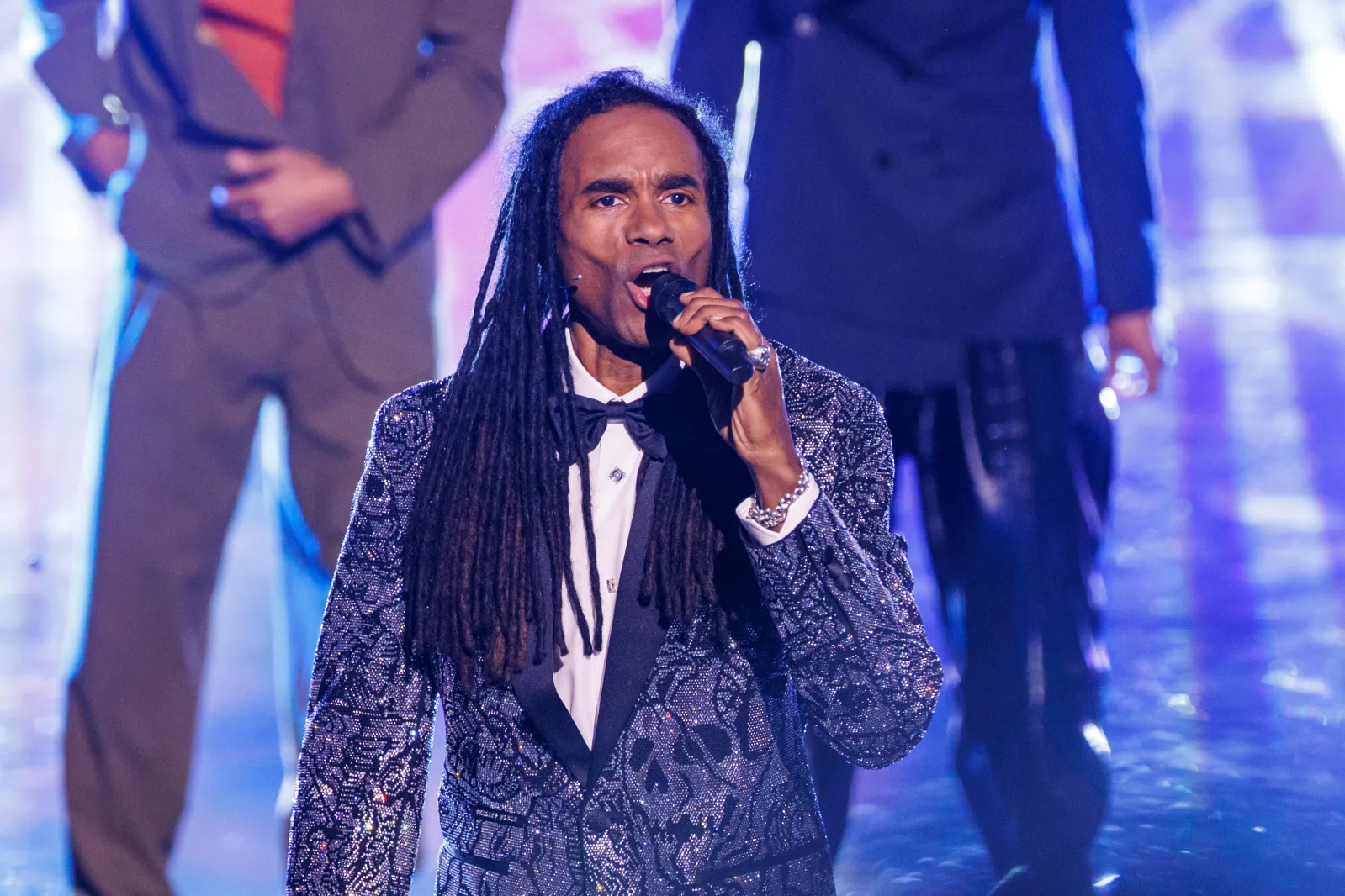 Fab Morvan, French singer and dancer and part of the pop duo Milli Vanilli, sings at the Prinzregententheater in Munich during the Bavarian Film Award ceremony. (AP Images)