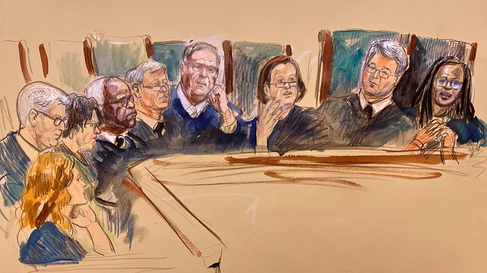 This courtroom sketch depicts Supreme Court justices, from left, Amy Coney Barrett, Neil Gorsuch, Sonia Sotomayor, Clarence Thomas, Chief Justice John Roberts, Samuel Alito, Elena Kagan, Brett Kavanaugh and Ketanji Brown Jackson, listening to arguments before the court on April 1 in Washington, D.C. (Dana Verkouteren via AP)