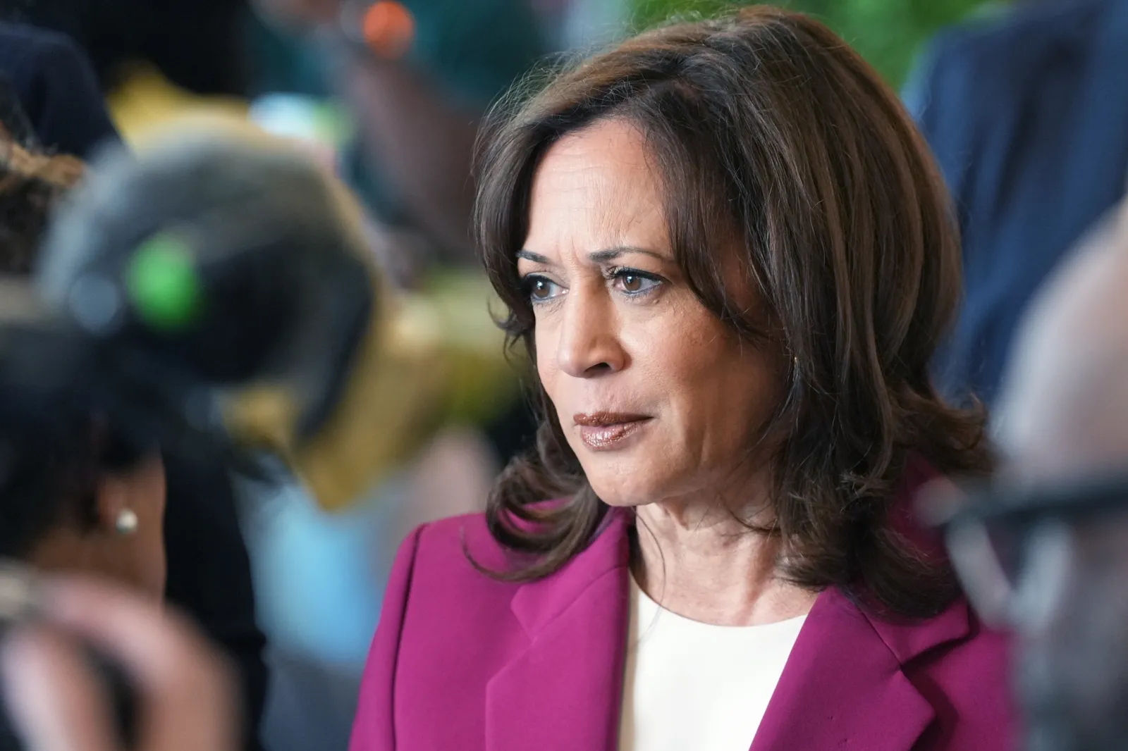 Former Vice President Kamala Harris listens during a conversation with patrons at Crave restaurant ahead of a South Carolina Democratic Party fundraiser on April 15 in Greenville. (AP Photo/Meg Kinnard)