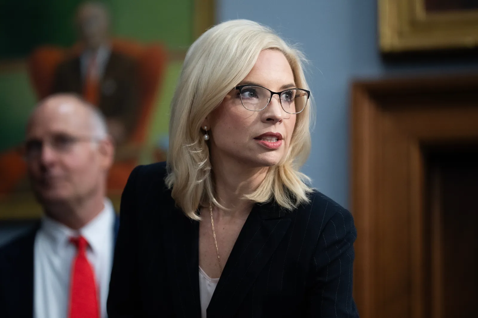 Reps. Ashley Hinson, R-Iowa, and John Moolenaar, R-Mich., attend the House Appropriations Agriculture, Rural Development, FDA, and Related Agencies Subcommittee hearing on the budget for the Department of Agriculture in Rayburn building on Thursday, April 16, 2026. (Tom Williams/CQ Roll Call via AP Images)